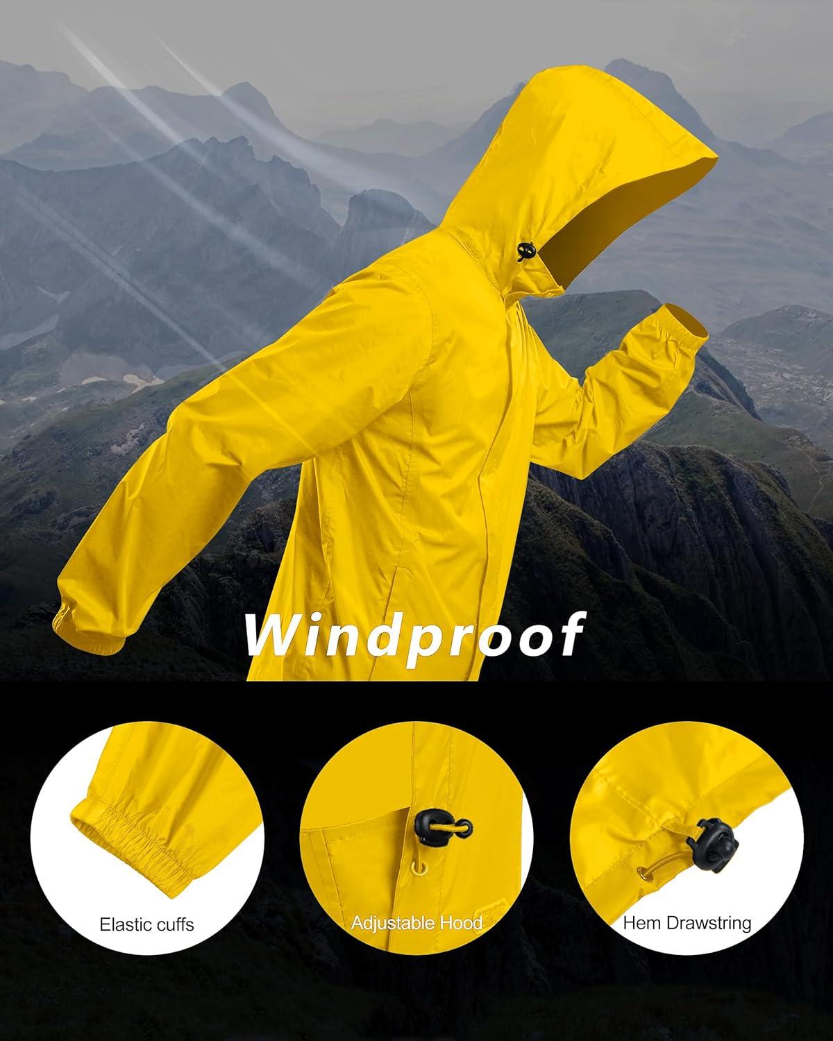 Outdoor Ventures Men’s Rain Jacket Waterproof Lightweight Packable Rain Shell Raincoat with Hood for Golf Hiking Travel(Yellow)