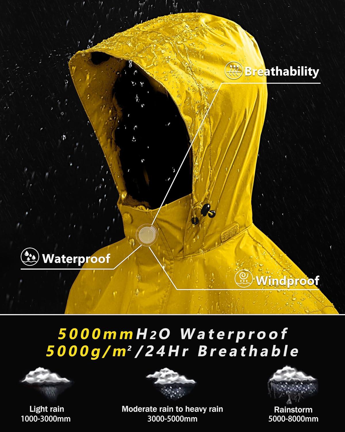 Outdoor Ventures Men’s Rain Jacket Waterproof Lightweight Packable Rain Shell Raincoat with Hood for Golf Hiking Travel(Yellow)