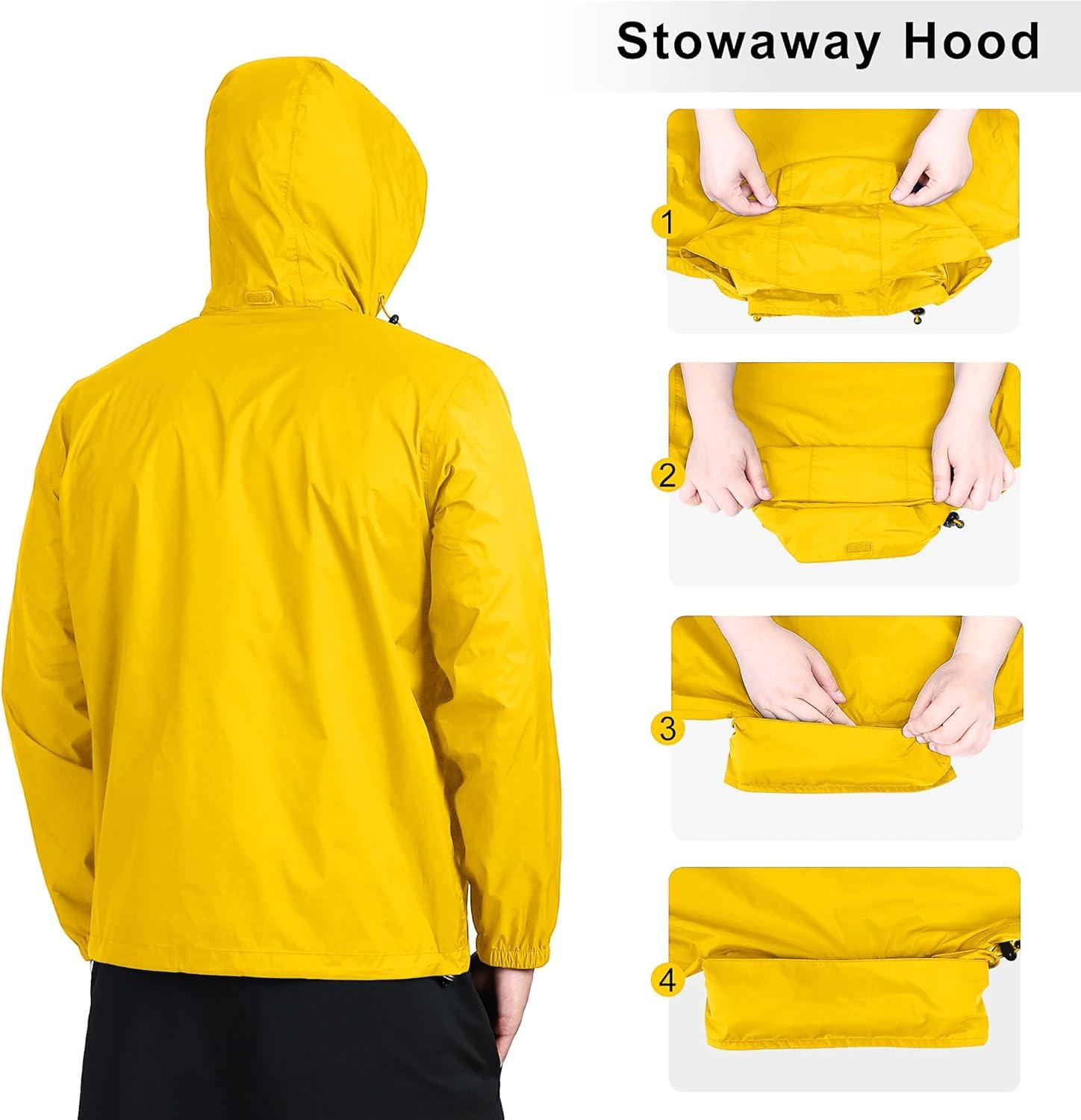 Outdoor Ventures Men’s Rain Jacket Waterproof Lightweight Packable Rain Shell Raincoat with Hood for Golf Hiking Travel(Yellow)