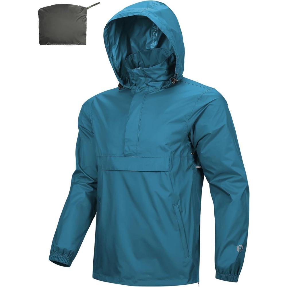 Outdoor Ventures Men’s Rain Jacket Waterproof Lightweight Packable Rain Pullover for Hiking Golf Running(Blue)