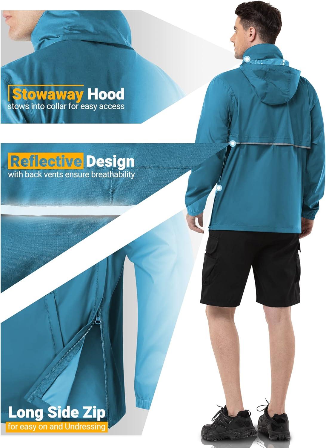 Outdoor Ventures Men’s Rain Jacket Waterproof Lightweight Packable Rain Pullover for Hiking Golf Running(Blue)