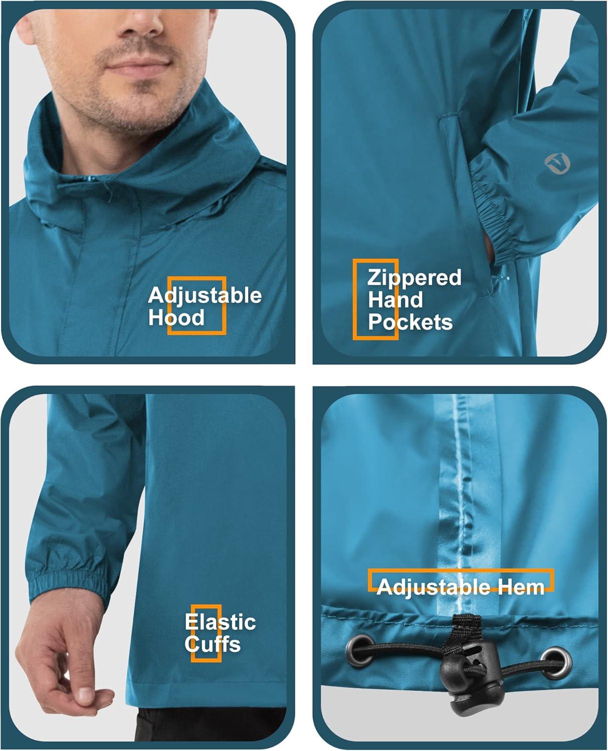 Outdoor Ventures Men’s Rain Jacket Waterproof Lightweight Packable Rain Pullover for Hiking Golf Running(Blue)