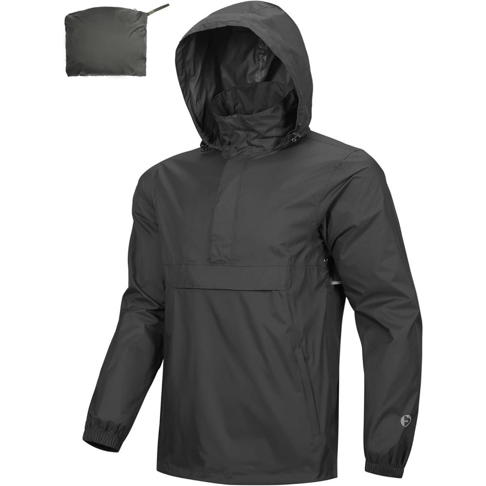 Outdoor Ventures Men’s Rain Jacket Waterproof Lightweight Packable Rain Pullover for Hiking Golf Running(Black)