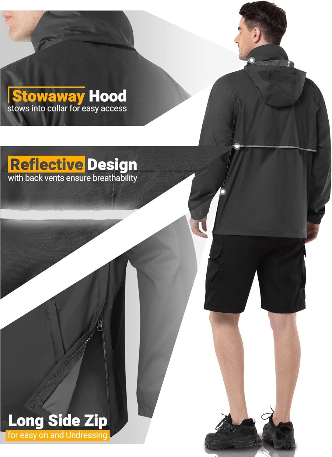 Outdoor Ventures Men’s Rain Jacket Waterproof Lightweight Packable Rain Pullover for Hiking Golf Running(Black)