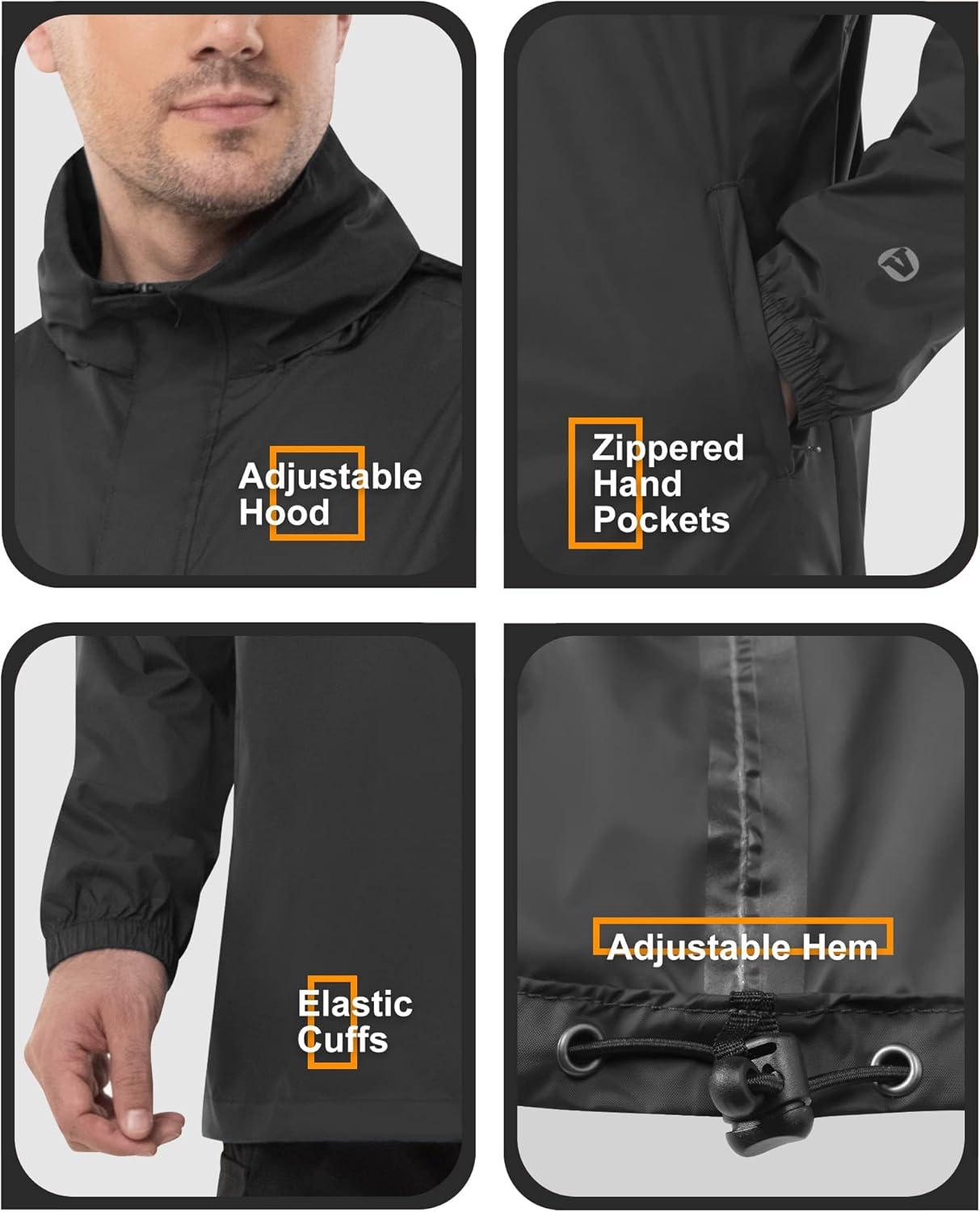 Outdoor Ventures Men’s Rain Jacket Waterproof Lightweight Packable Rain Pullover for Hiking Golf Running(Black)