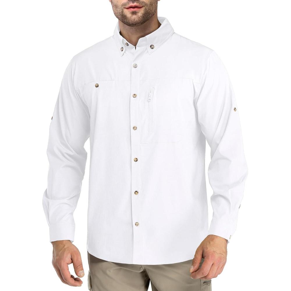 Outdoor Ventures Men’s Long Sleeve Hiking Shirt UPF 50 UV Sun Protection Shirt Cooling Quick Dry for Travel Fishing Safari(White)