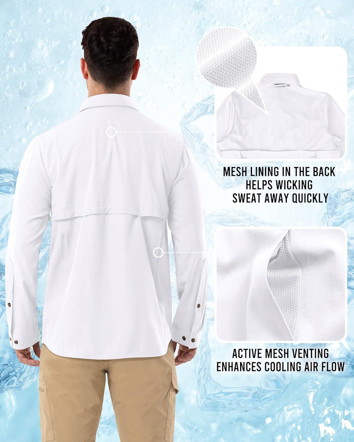 Outdoor Ventures Men’s Long Sleeve Hiking Shirt UPF 50 UV Sun Protection Shirt Cooling Quick Dry for Travel Fishing Safari(White)