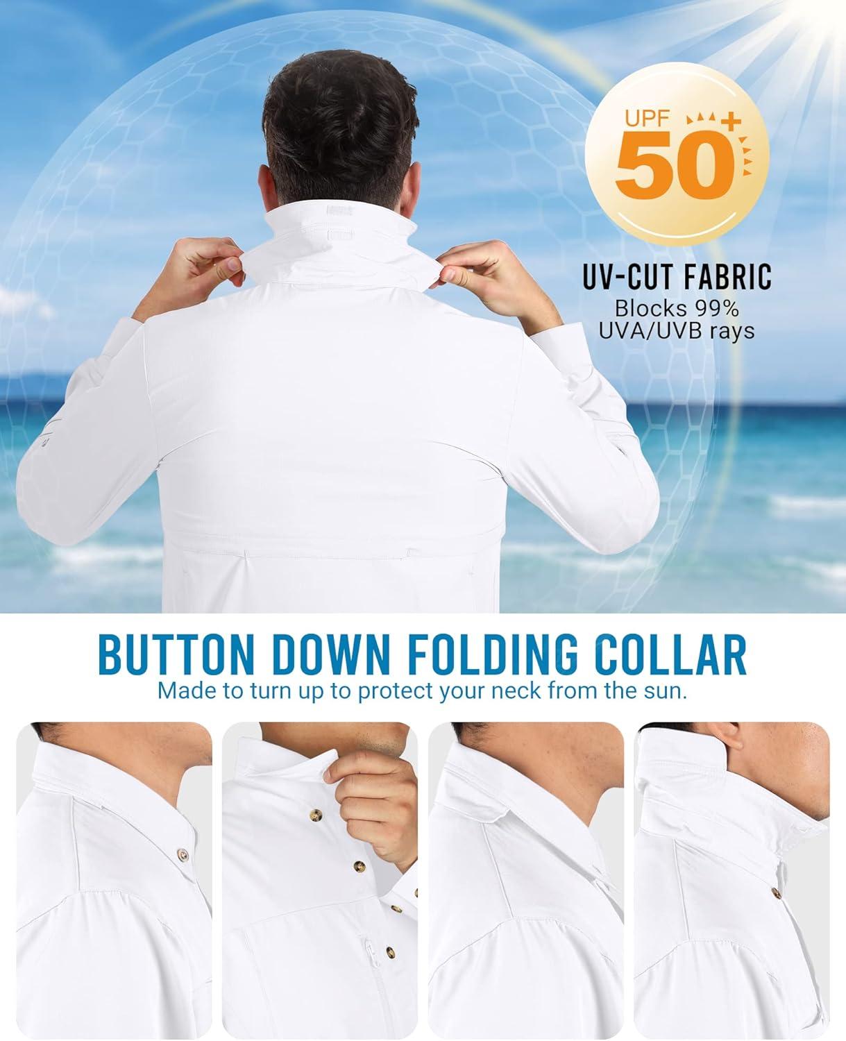 Outdoor Ventures Men’s Long Sleeve Hiking Shirt UPF 50 UV Sun Protection Shirt Cooling Quick Dry for Travel Fishing Safari(White)