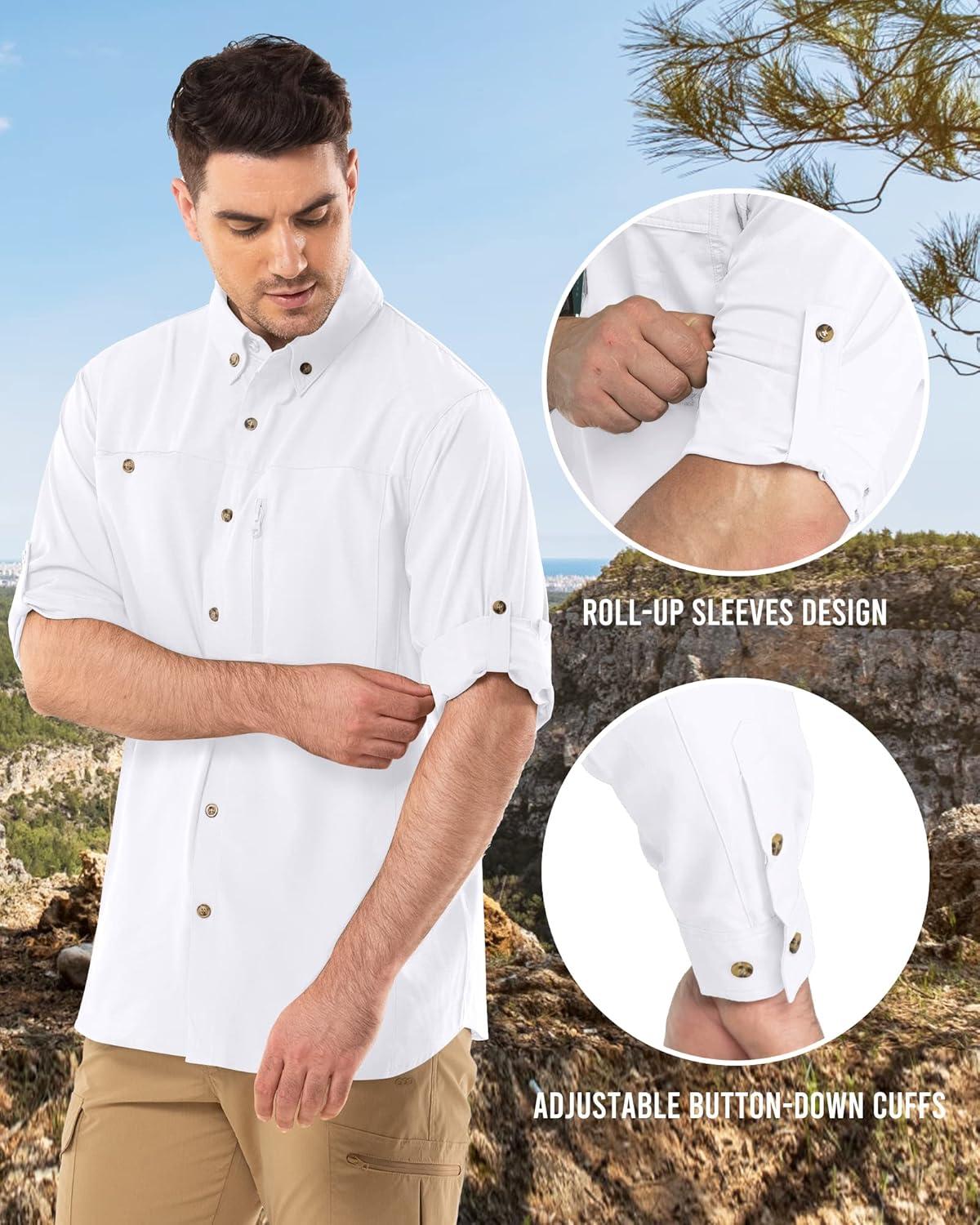 Outdoor Ventures Men’s Long Sleeve Hiking Shirt UPF 50 UV Sun Protection Shirt Cooling Quick Dry for Travel Fishing Safari(White)