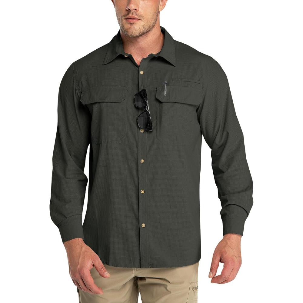 Outdoor Ventures Men’s UPF 50+ UV Sun Protection Shirt, Long Sleeve Hiking Fishing Shirt Cooling Quick Dry for Safari Travel(Army Green)
