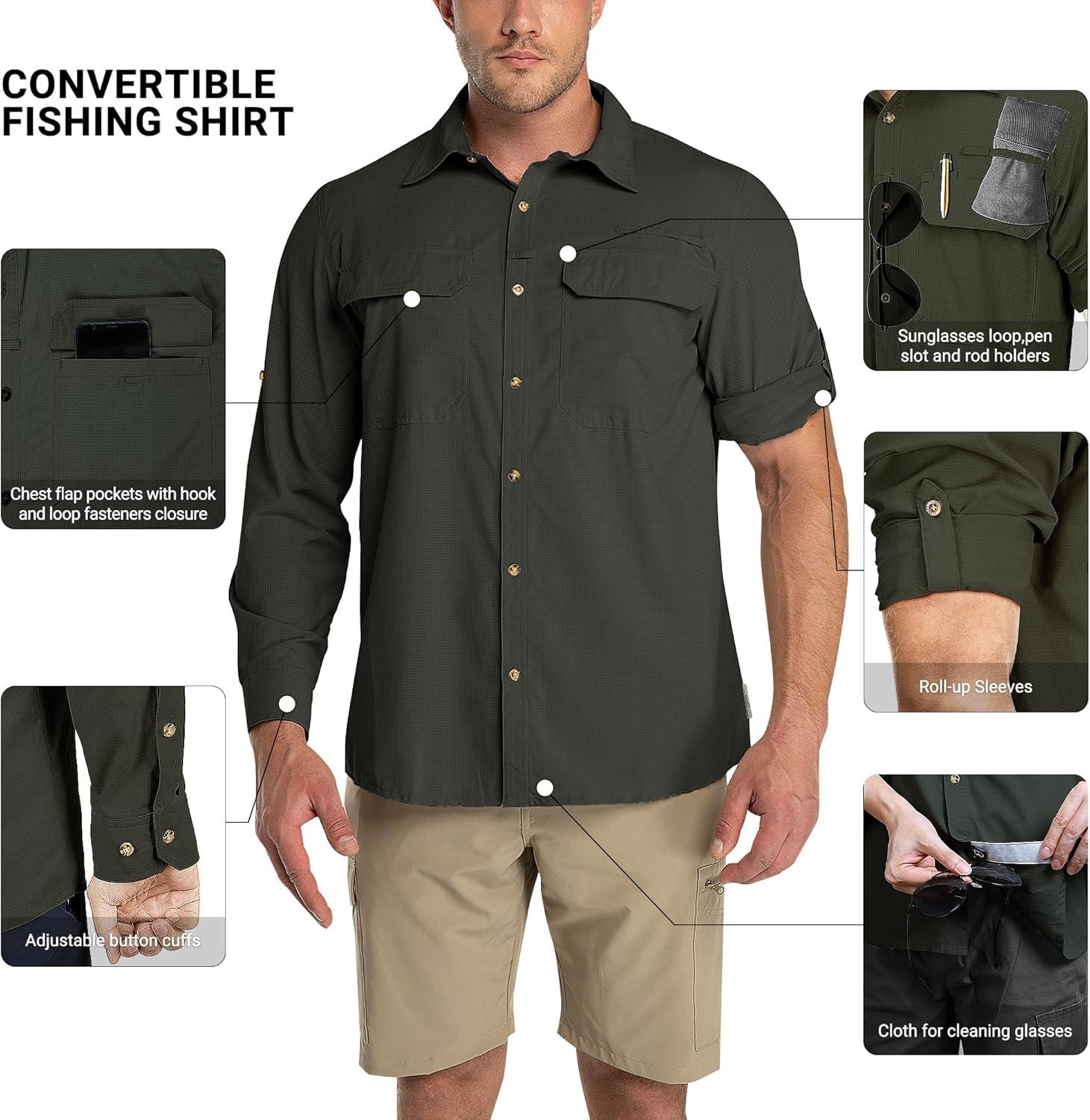 Outdoor Ventures Men’s UPF 50+ UV Sun Protection Shirt, Long Sleeve Hiking Fishing Shirt Cooling Quick Dry for Safari Travel(Army Green)