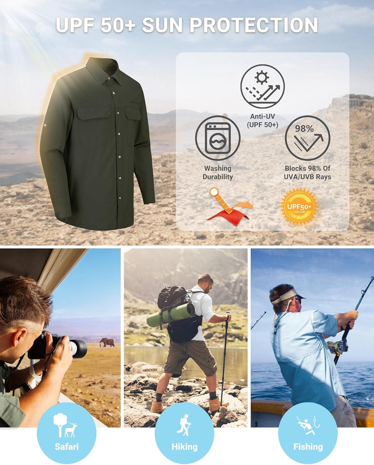 Outdoor Ventures Men’s UPF 50+ UV Sun Protection Shirt, Long Sleeve Hiking Fishing Shirt Cooling Quick Dry for Safari Travel(Army Green)