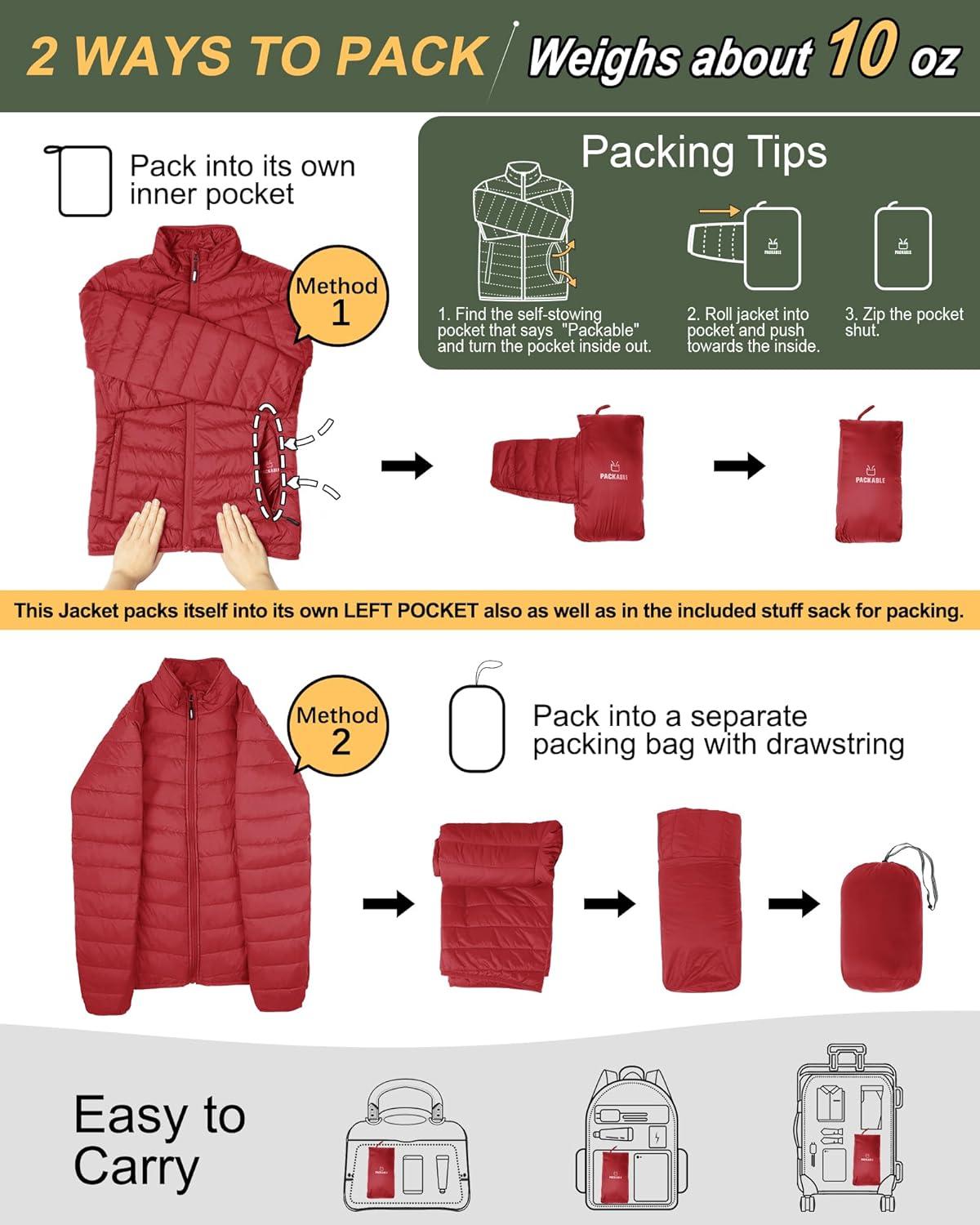 Outdoor Ventures Women’s Packable Full-Zip Short Puffer Jacket Insulated Quilted Warm Lightweight Winter Coat(Red(fold in Pocket))