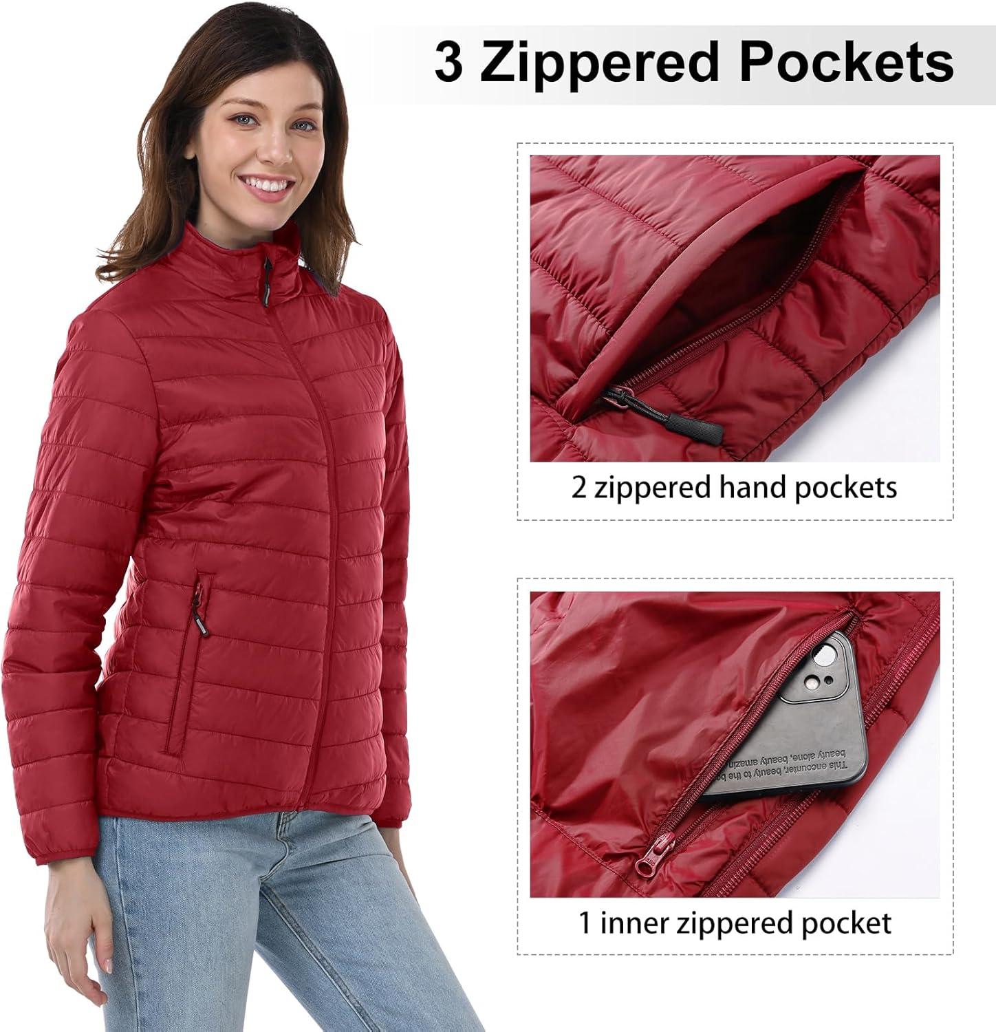 Outdoor Ventures Women’s Packable Full-Zip Short Puffer Jacket Insulated Quilted Warm Lightweight Winter Coat(Red(fold in Pocket))