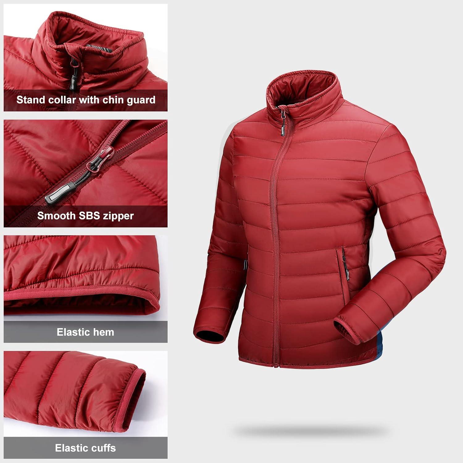 Outdoor Ventures Women’s Packable Full-Zip Short Puffer Jacket Insulated Quilted Warm Lightweight Winter Coat(Red(fold in Pocket))