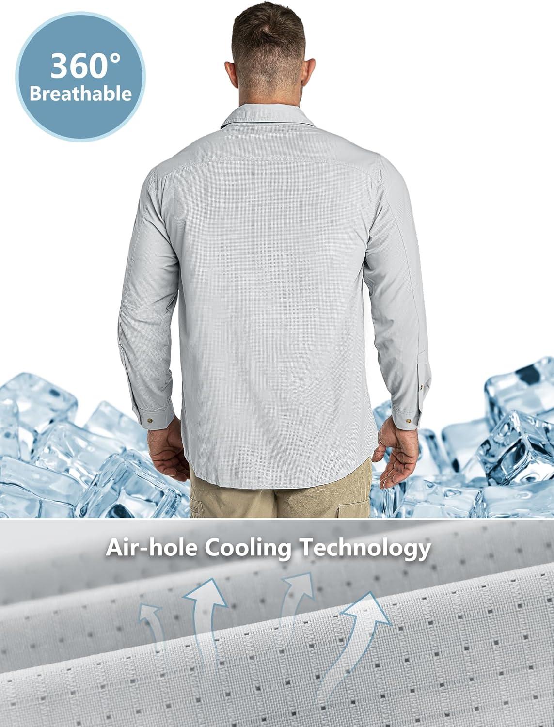 Outdoor Ventures Men’s UPF 50+ UV Sun Protection Shirt, Long Sleeve Hiking Fishing Shirt Cooling Quick Dry for Safari Travel(Light Grey)