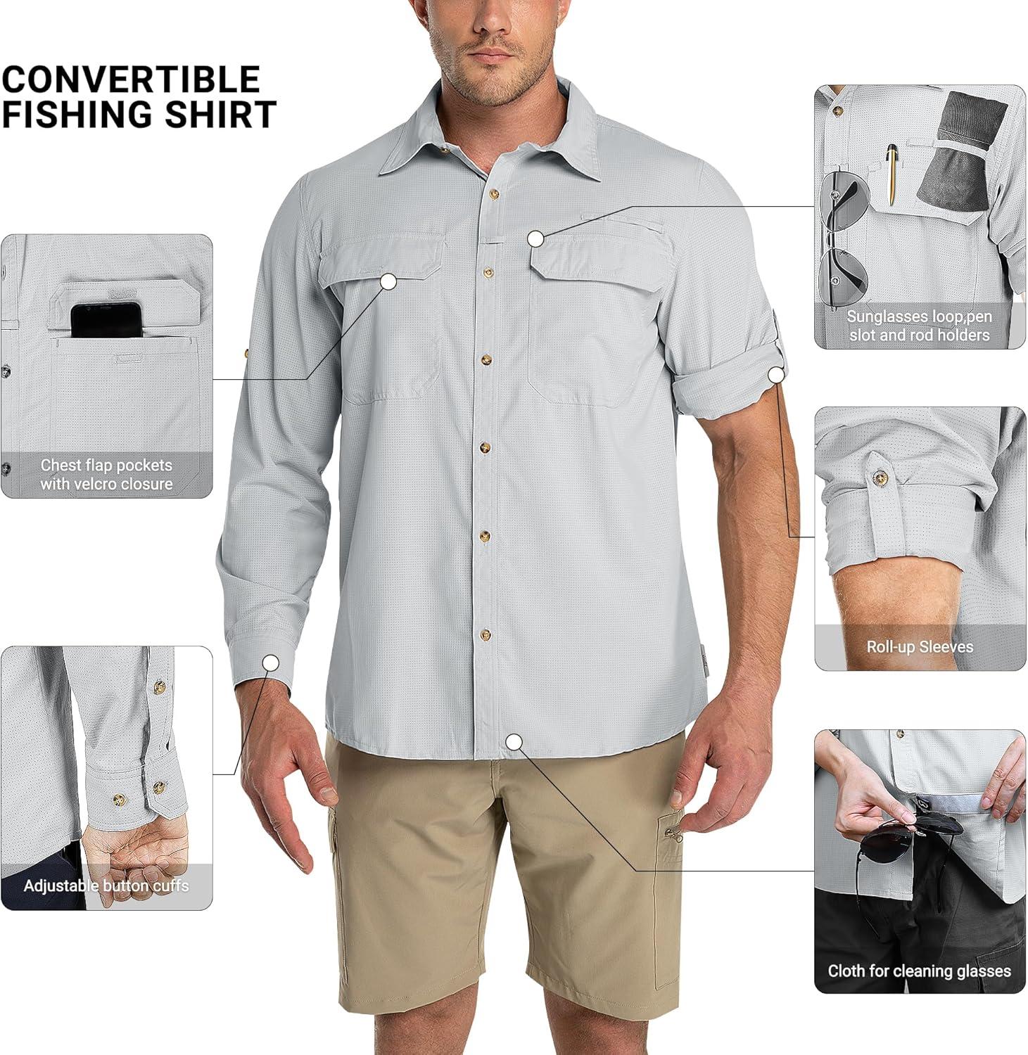 Outdoor Ventures Men’s UPF 50+ UV Sun Protection Shirt, Long Sleeve Hiking Fishing Shirt Cooling Quick Dry for Safari Travel(Light Grey)