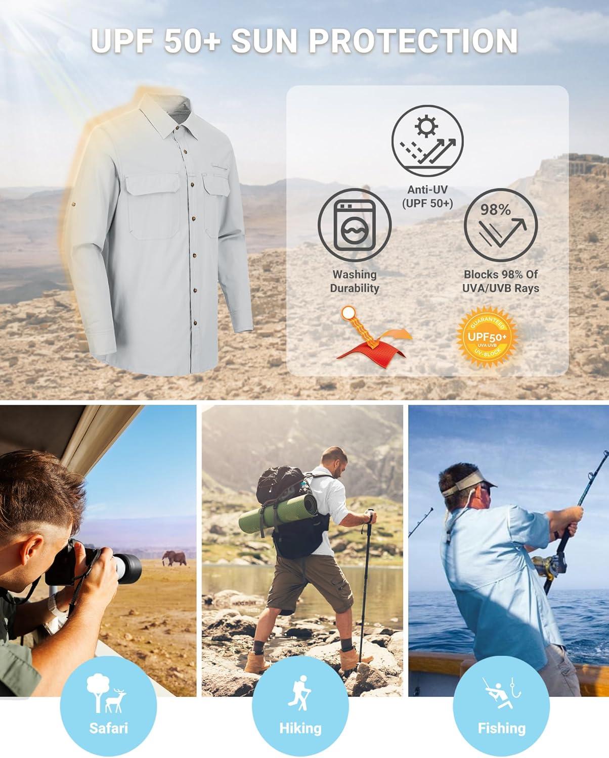 Outdoor Ventures Men’s UPF 50+ UV Sun Protection Shirt, Long Sleeve Hiking Fishing Shirt Cooling Quick Dry for Safari Travel(Light Grey)
