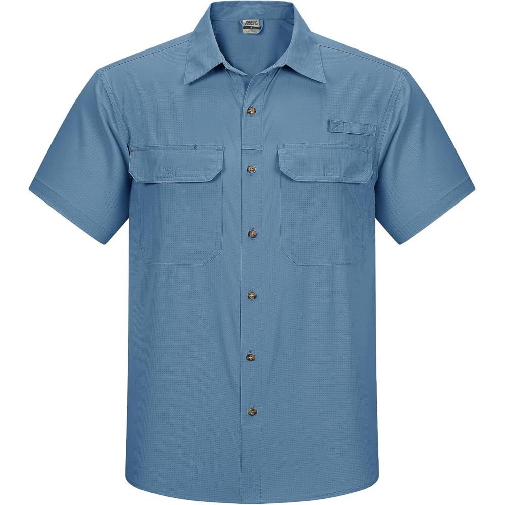 Outdoor Ventures Men’s Lightweight Short Sleeve Fishing Shirt UPF 50 Button Down Quick Dry Cooling Hiking Travel Safari Shirt(Bluestone)