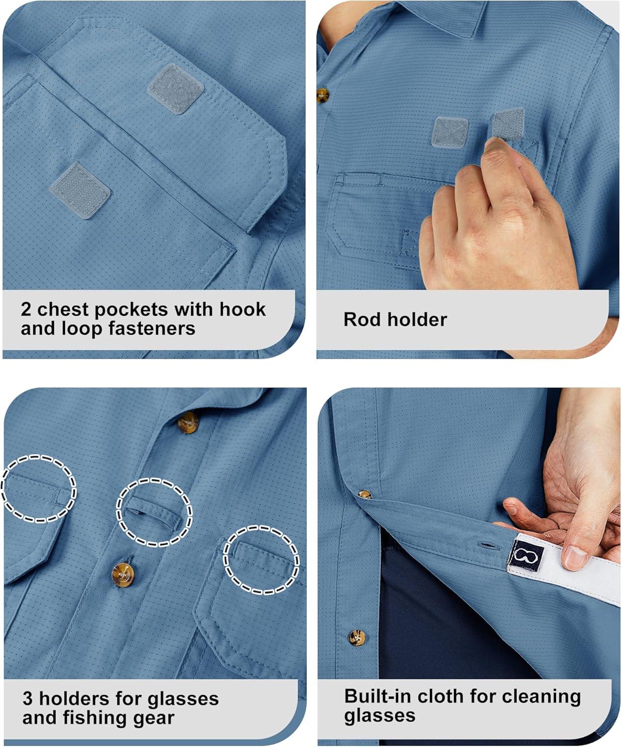 Outdoor Ventures Men’s Lightweight Short Sleeve Fishing Shirt UPF 50 Button Down Quick Dry Cooling Hiking Travel Safari Shirt(Bluestone)