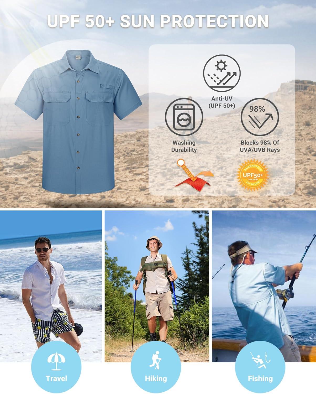 Outdoor Ventures Men’s Lightweight Short Sleeve Fishing Shirt UPF 50 Button Down Quick Dry Cooling Hiking Travel Safari Shirt(Bluestone)