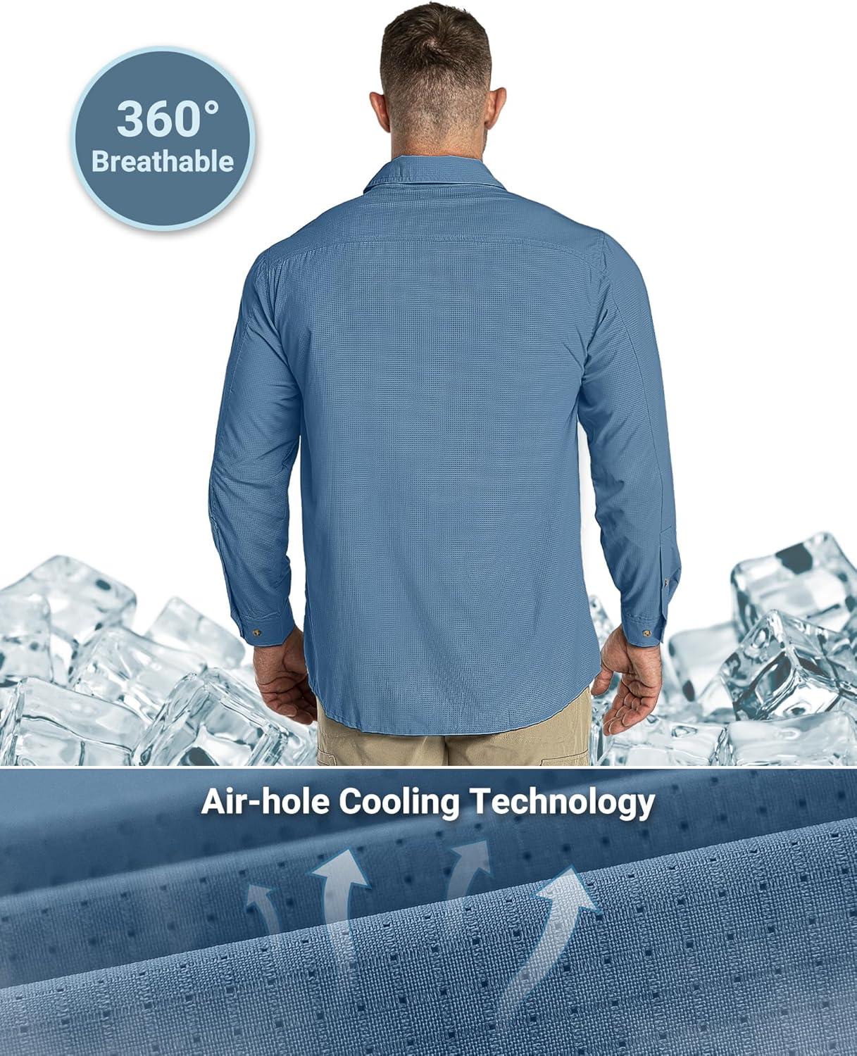 Outdoor Ventures Men’s UPF 50+ UV Sun Protection Shirt, Long Sleeve Hiking Fishing Shirt Cooling Quick Dry for Safari Travel(Bluestone)