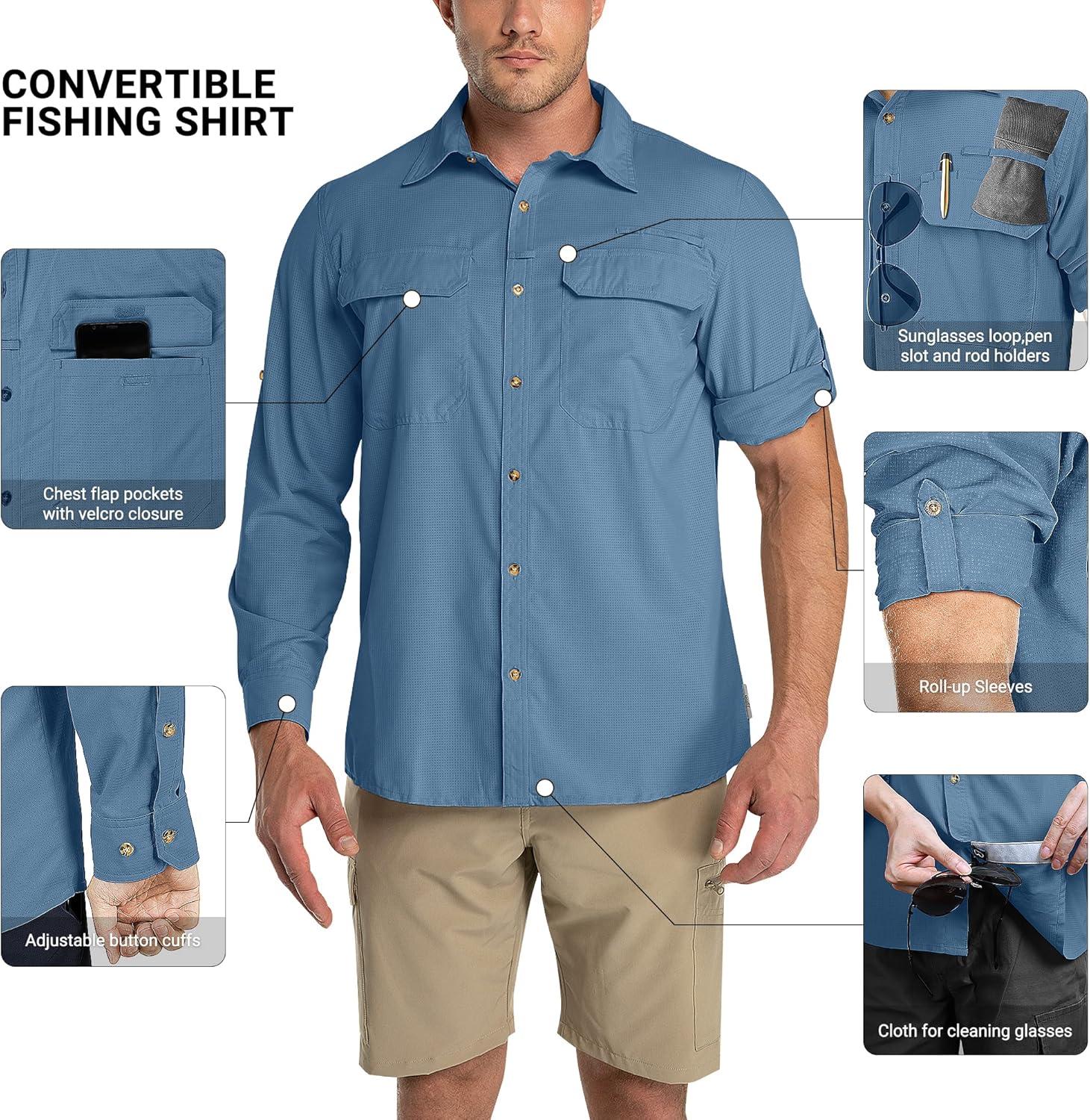 Outdoor Ventures Men’s UPF 50+ UV Sun Protection Shirt, Long Sleeve Hiking Fishing Shirt Cooling Quick Dry for Safari Travel(Bluestone)