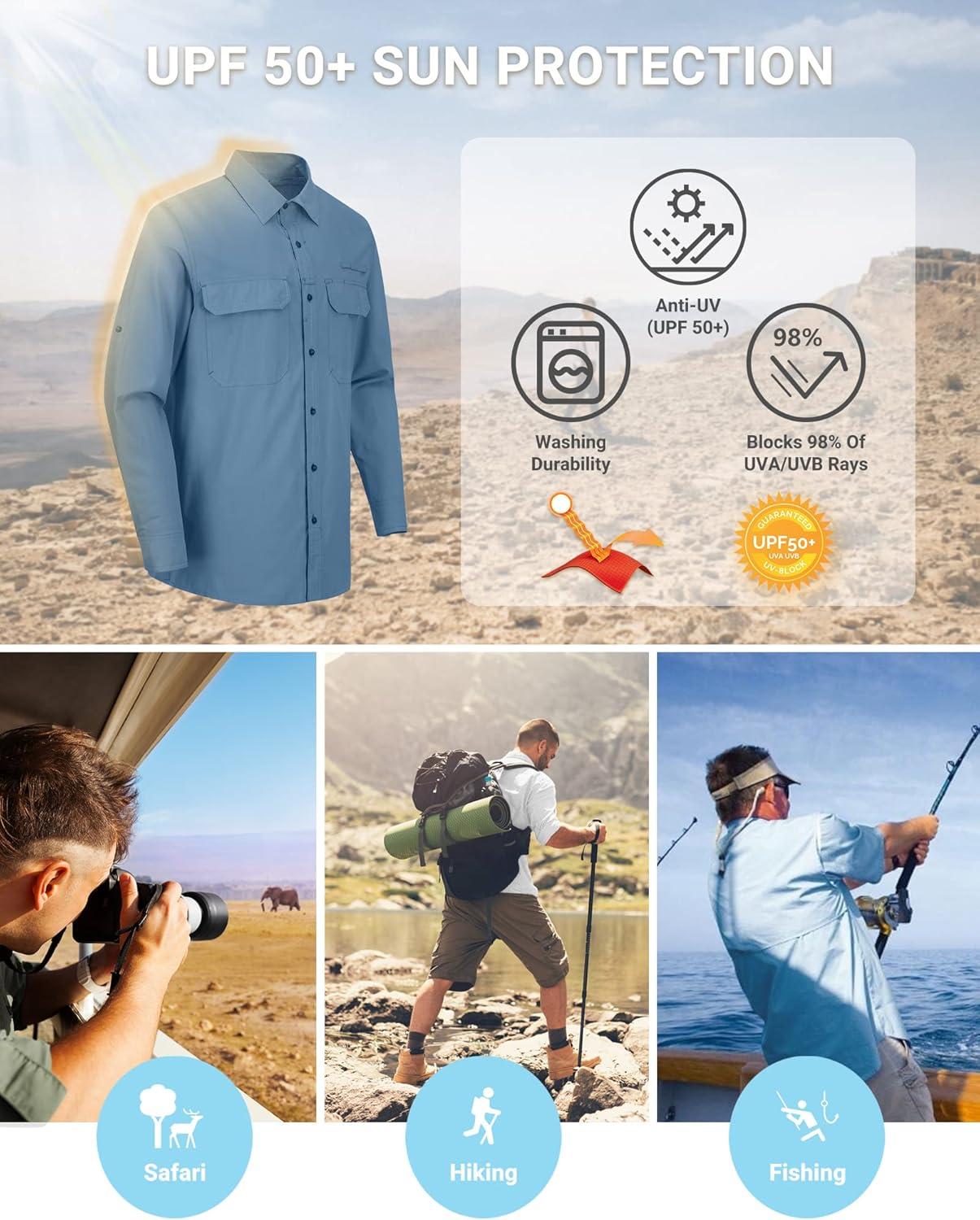 Outdoor Ventures Men’s UPF 50+ UV Sun Protection Shirt, Long Sleeve Hiking Fishing Shirt Cooling Quick Dry for Safari Travel(Bluestone)