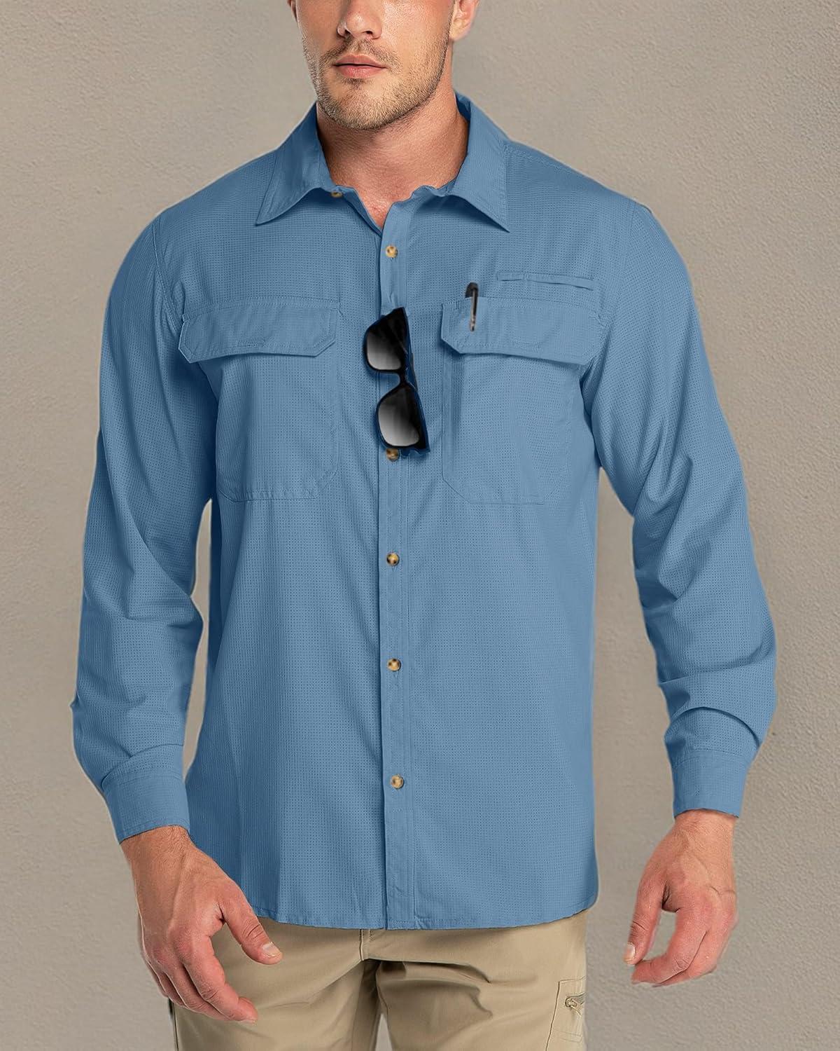 Outdoor Ventures Men’s UPF 50+ UV Sun Protection Shirt, Long Sleeve Hiking Fishing Shirt Cooling Quick Dry for Safari Travel(Bluestone)