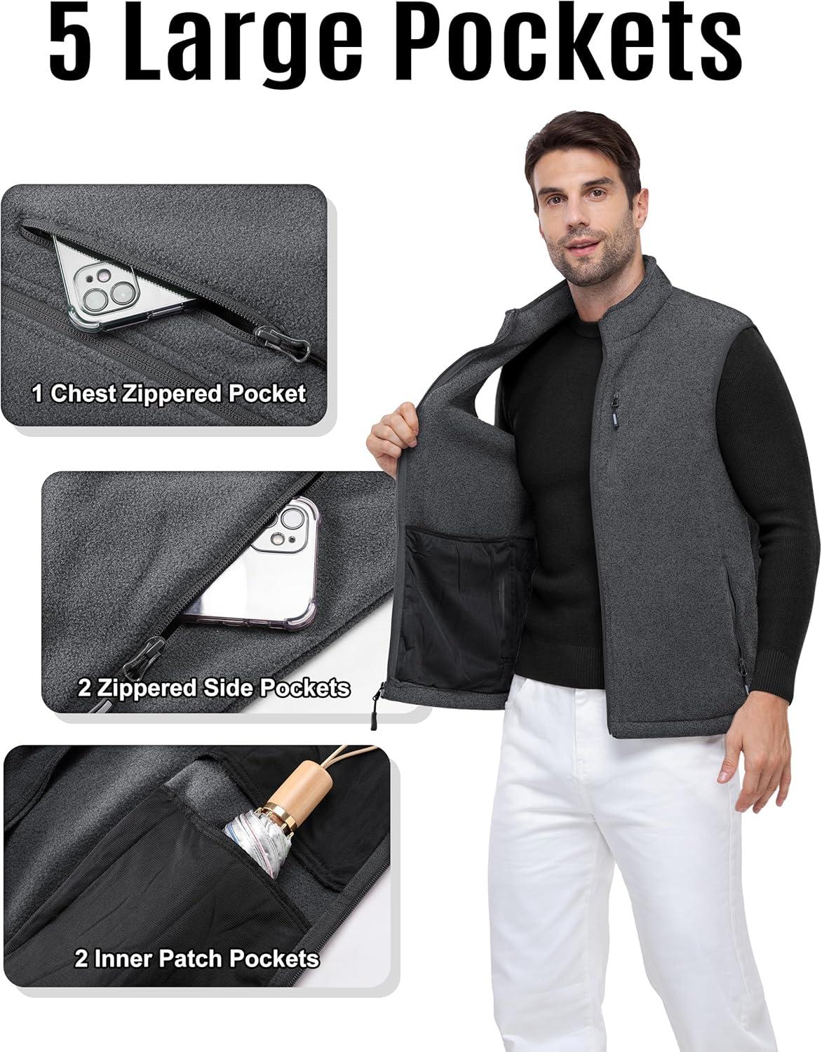 Outdoor Ventures Men’s Full-Zip Lightweight Polar Fleece Vest Outerwear with 5 Pockets Warm Winter Sleeveless Jacket Casual(Grey Heather)