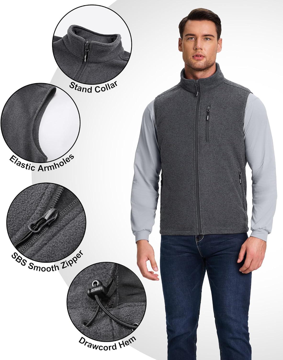 Outdoor Ventures Men’s Full-Zip Lightweight Polar Fleece Vest Outerwear with 5 Pockets Warm Winter Sleeveless Jacket Casual(Grey Heather)