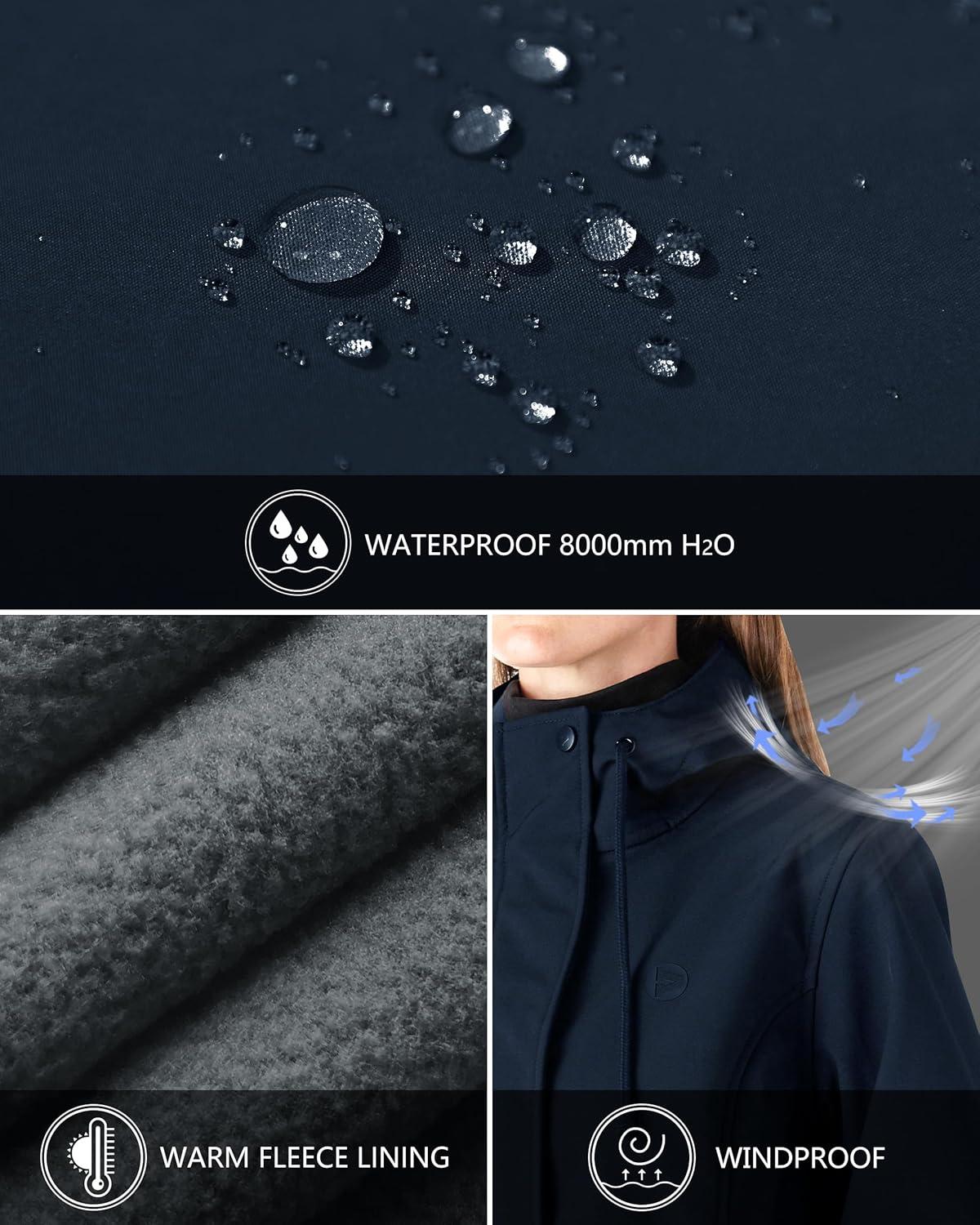 Outdoor Ventures Women’s Lightweight Waterproof Fleece Lined Hooded Softshell Rain Jacket, Warm Windbreaker Long Coat(Dark Navy)