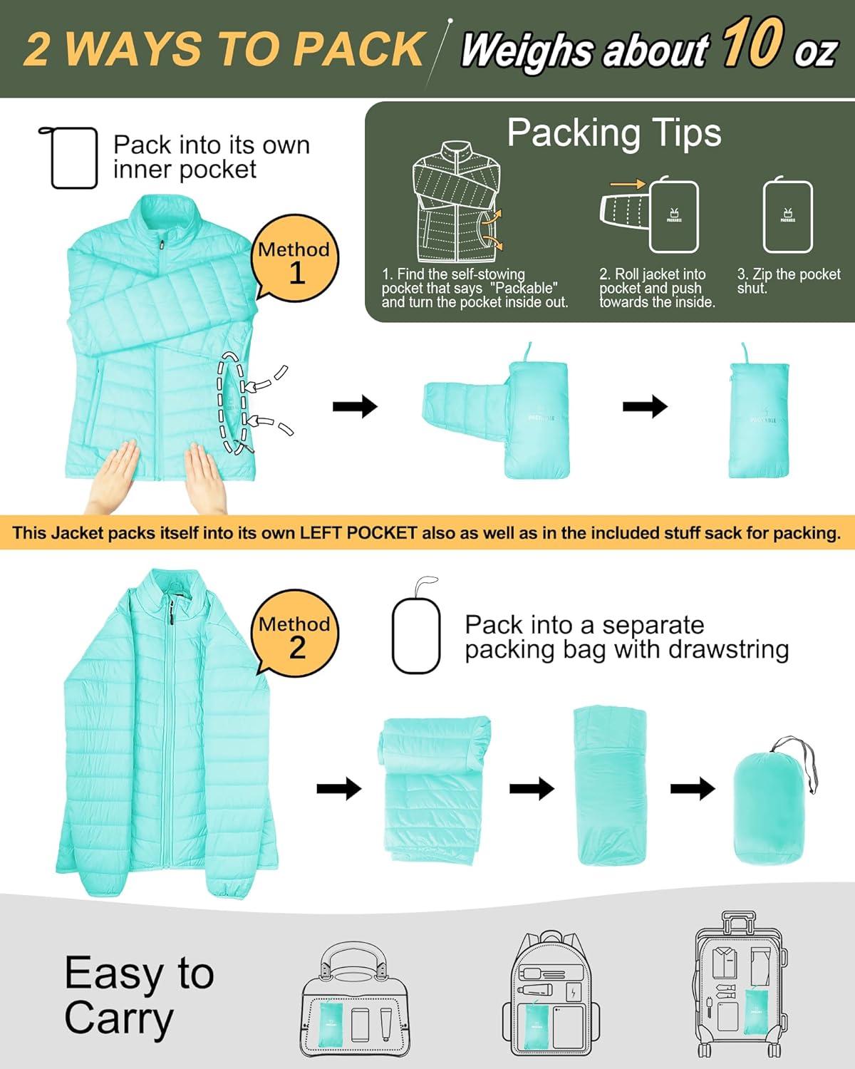 Outdoor Ventures Women’s Packable Full-Zip Short Puffer Jacket Insulated Quilted Warm Lightweight Winter Coat(Light Blue(fold in Pocket))