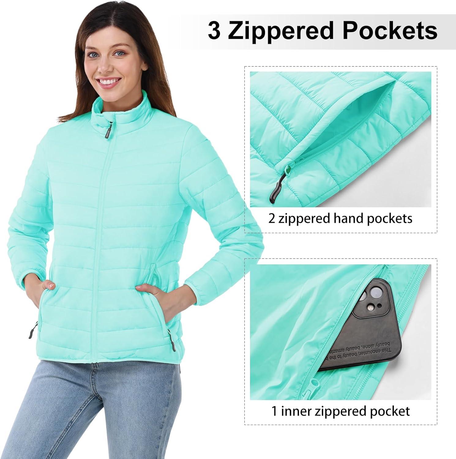 Outdoor Ventures Women’s Packable Full-Zip Short Puffer Jacket Insulated Quilted Warm Lightweight Winter Coat(Light Blue(fold in Pocket))