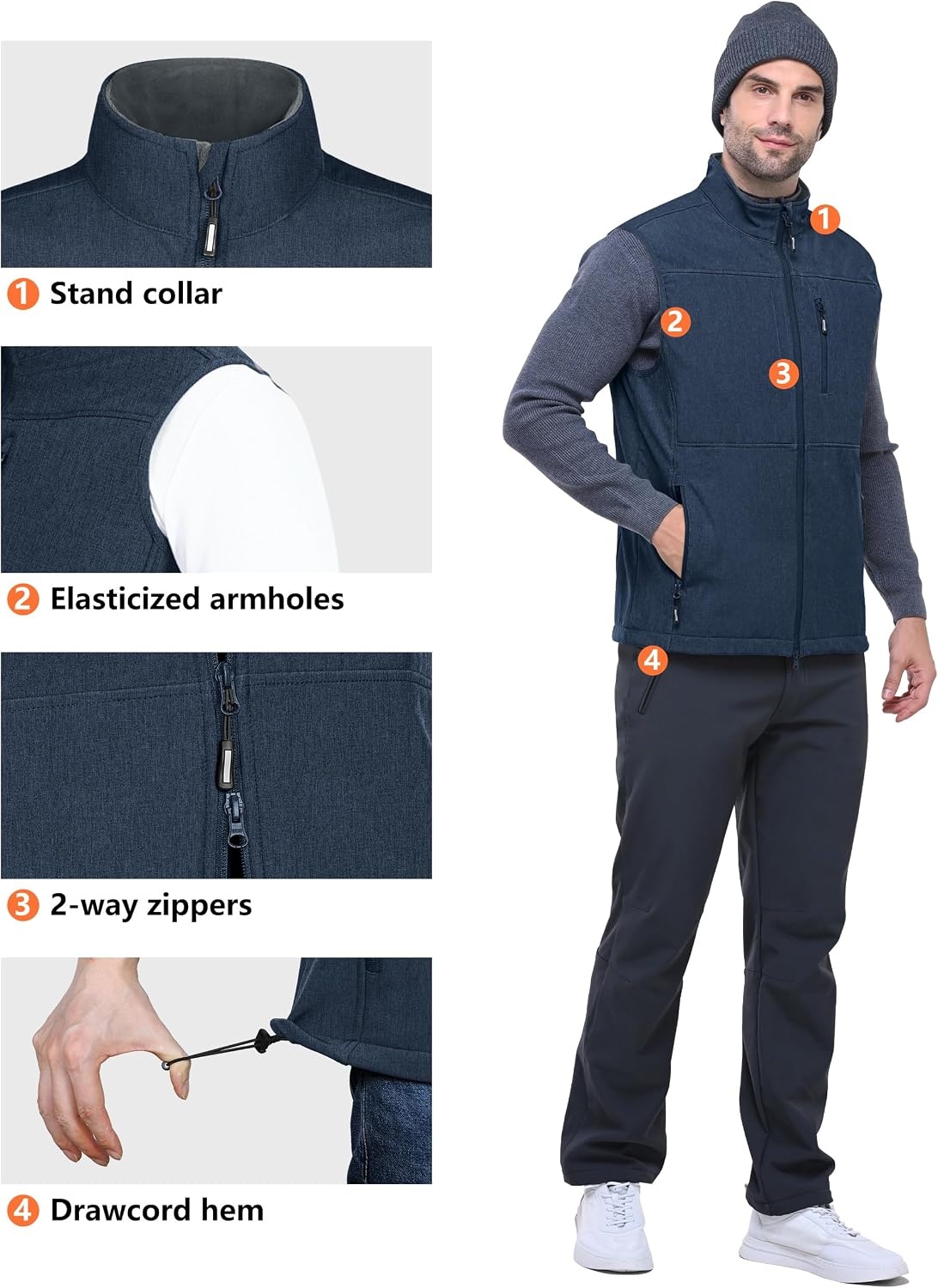 Outdoor Ventures Men’s Winter Golf Vest Outerwear Lightweight Fleece Lined(Navy Heather)