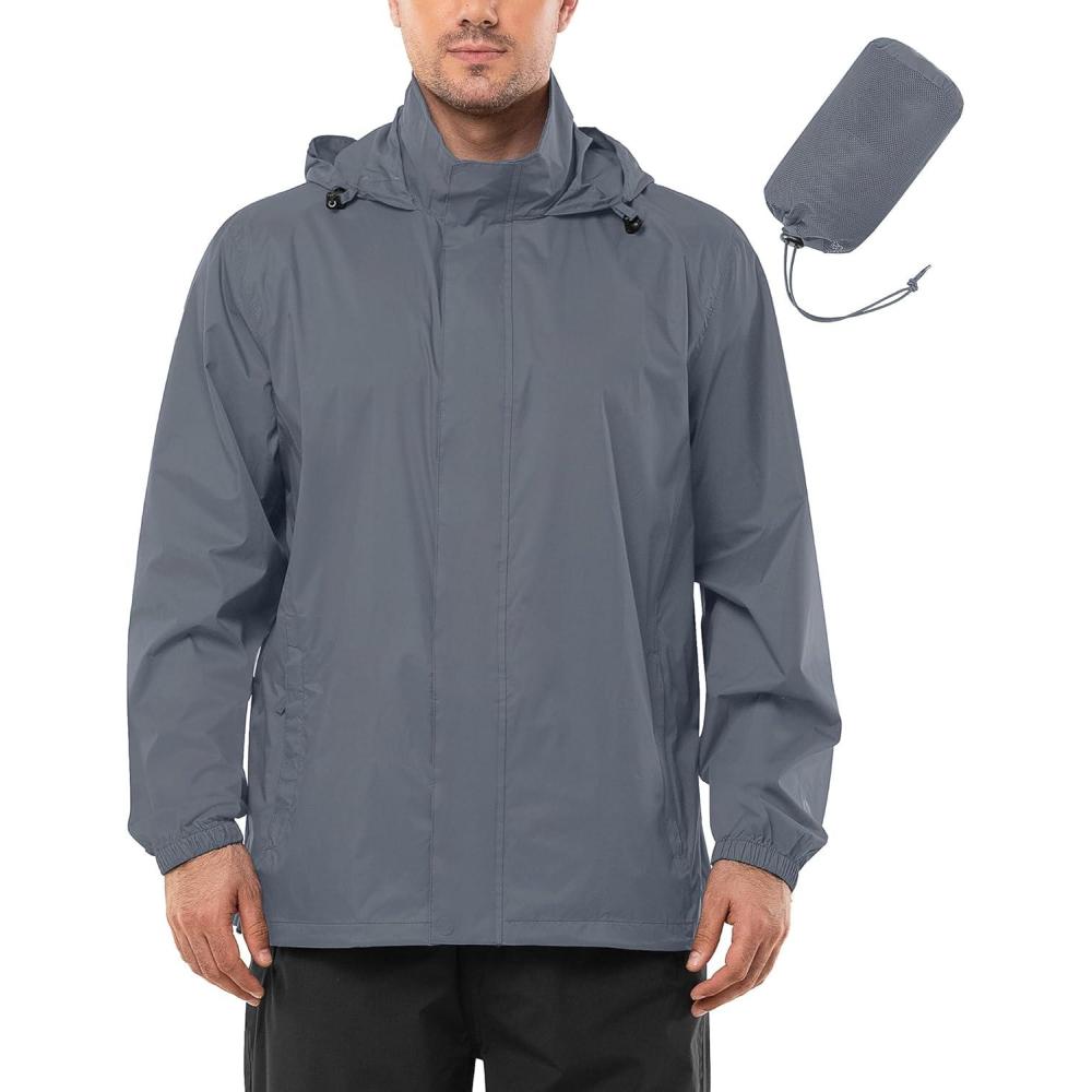Outdoor Ventures Men’s Rain Jacket Waterproof Lightweight Packable Rain Shell Raincoat with Hood for Golf Hiking Travel(Light Gray)