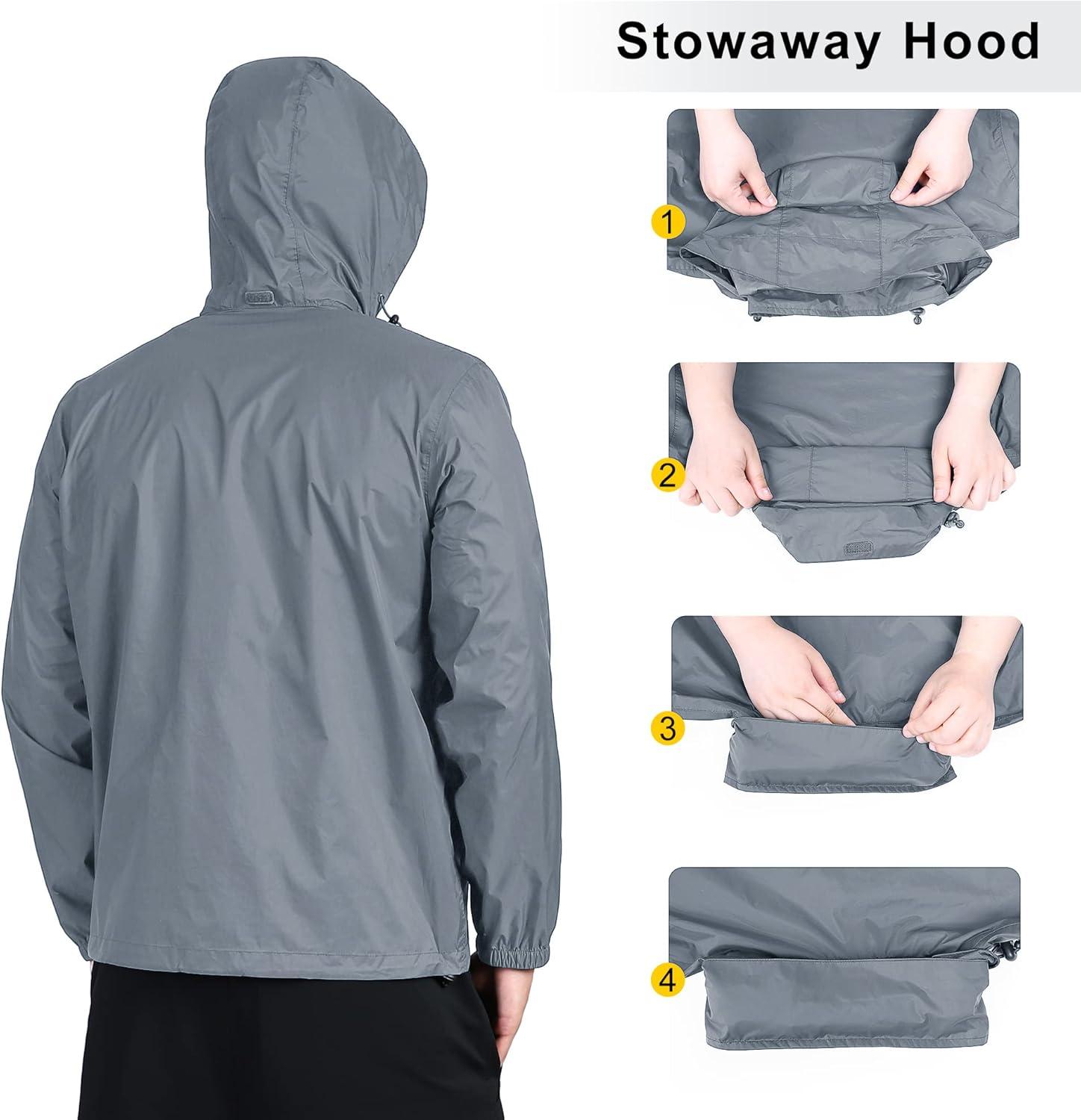 Outdoor Ventures Men’s Rain Jacket Waterproof Lightweight Packable Rain Shell Raincoat with Hood for Golf Hiking Travel(Light Gray)