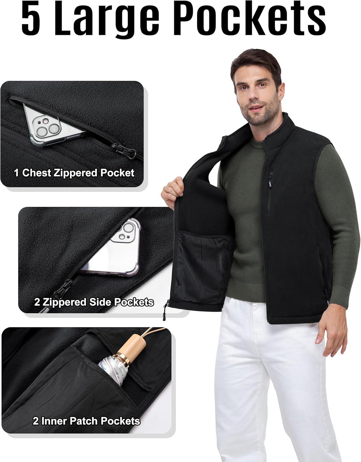 Outdoor Ventures Men’s Full-Zip Lightweight Polar Fleece Vest Outerwear with 5 Pockets Warm Winter Sleeveless Jacket Casual(Black)
