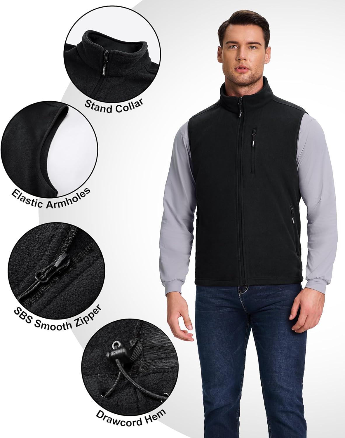 Outdoor Ventures Men’s Full-Zip Lightweight Polar Fleece Vest Outerwear with 5 Pockets Warm Winter Sleeveless Jacket Casual(Black)