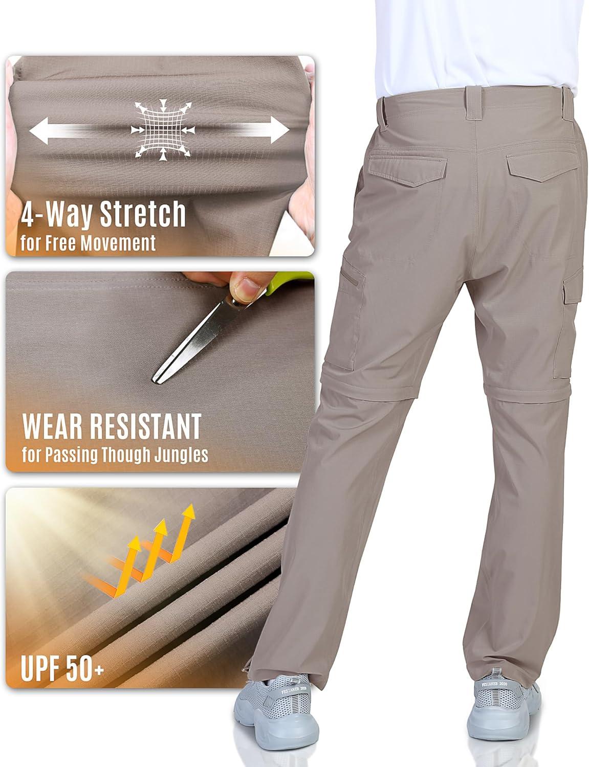 Outdoor Ventures Mens Hiking Pants Lightweight Quick Dry Convertible Pants, Stretch Zip-Off Cargo Pants for Travel Fishing(Fossil)