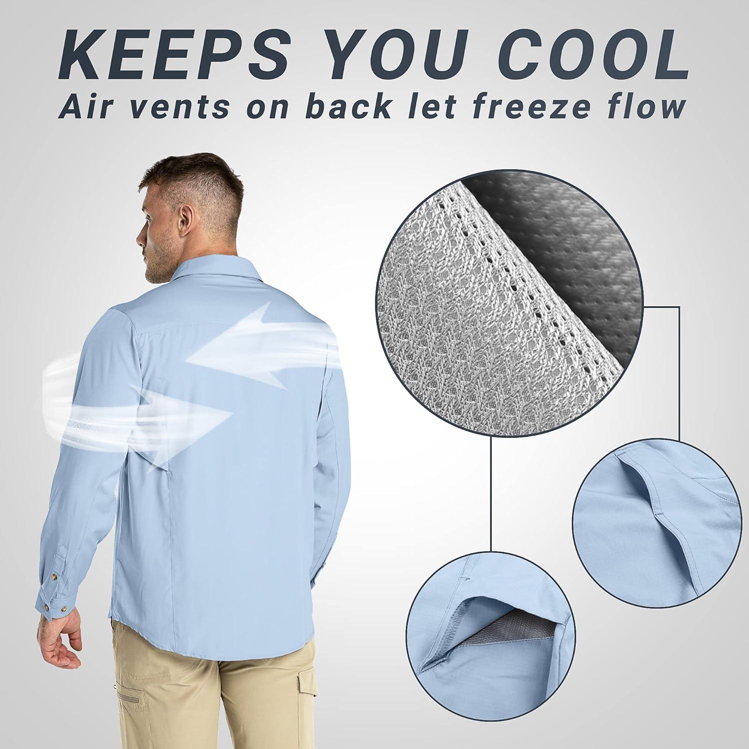 Outdoor Ventures Men’s UPF 50+ UV Sun Protection SPF Hiking Shirt Long Sleeve Lightweight Quick Dry for Safari Travel Fishing(Light Blue)