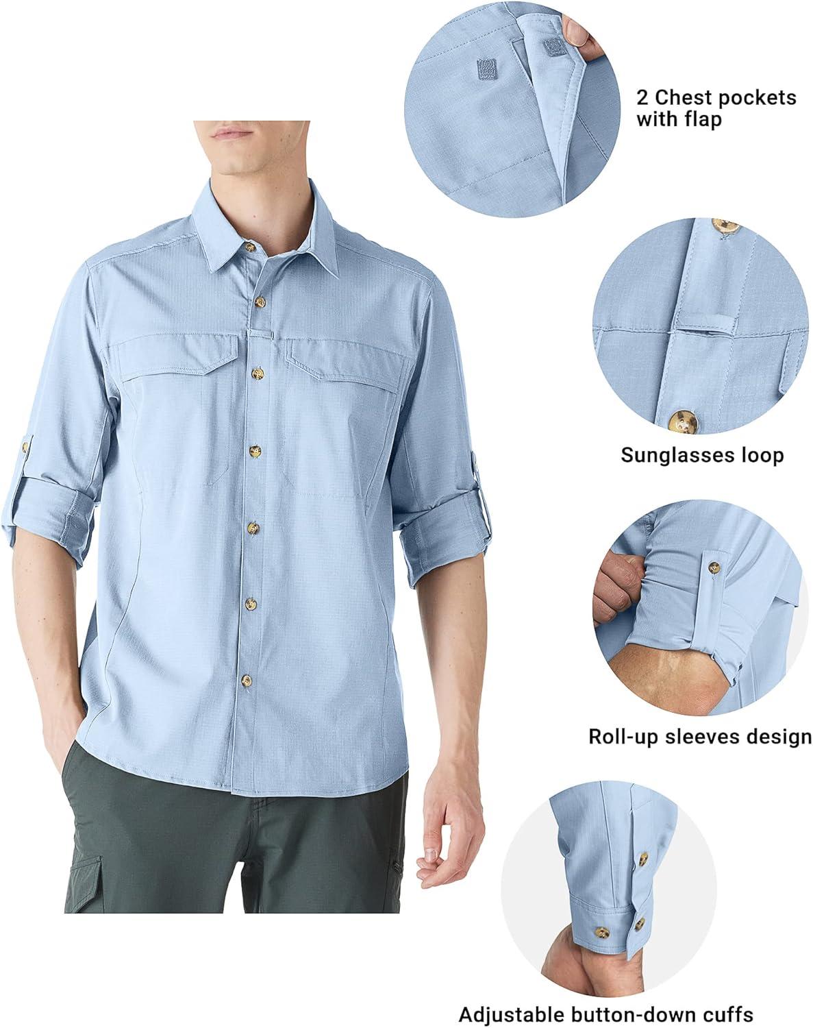 Outdoor Ventures Men’s UPF 50+ UV Sun Protection SPF Hiking Shirt Long Sleeve Lightweight Quick Dry for Safari Travel Fishing(Light Blue)