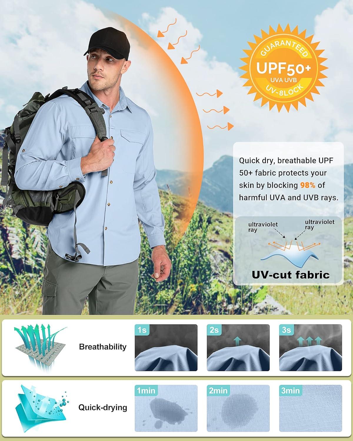 Outdoor Ventures Men’s UPF 50+ UV Sun Protection SPF Hiking Shirt Long Sleeve Lightweight Quick Dry for Safari Travel Fishing(Light Blue)
