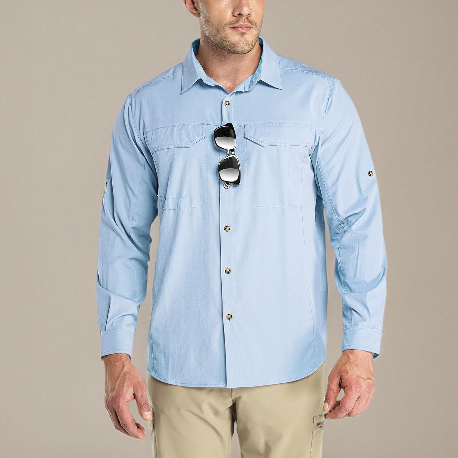 Outdoor Ventures Men’s UPF 50+ UV Sun Protection SPF Hiking Shirt Long Sleeve Lightweight Quick Dry for Safari Travel Fishing(Light Blue)