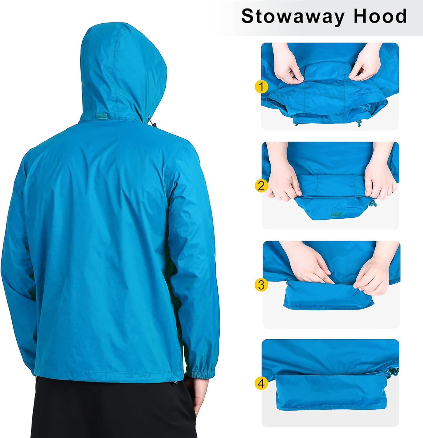 Outdoor Ventures Men’s Rain Jacket Waterproof Lightweight Packable Rain Shell Raincoat with Hood for Golf Hiking Travel(Lightsky Blue)