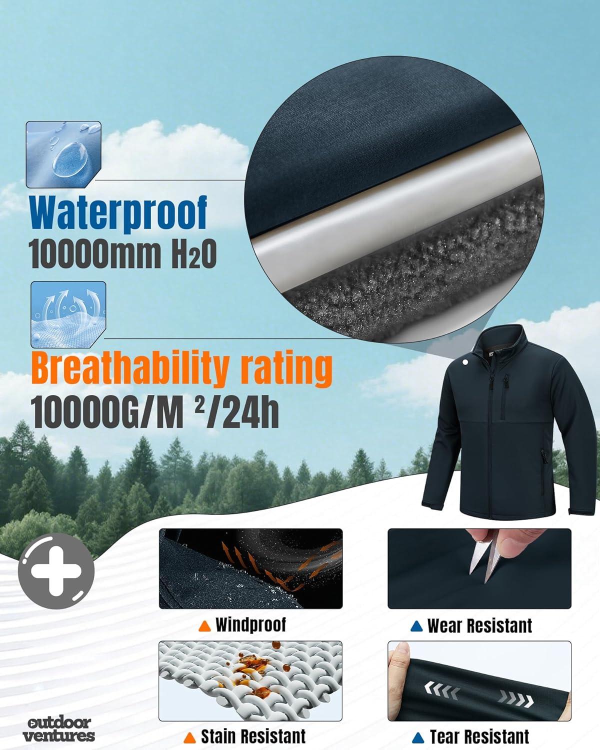 Outdoor Ventures Men’s Softshell Jacket Waterproof Fleece Lined Rain Shell Jacket Lightweight Windbreaker for Hiking Travel(Blue)