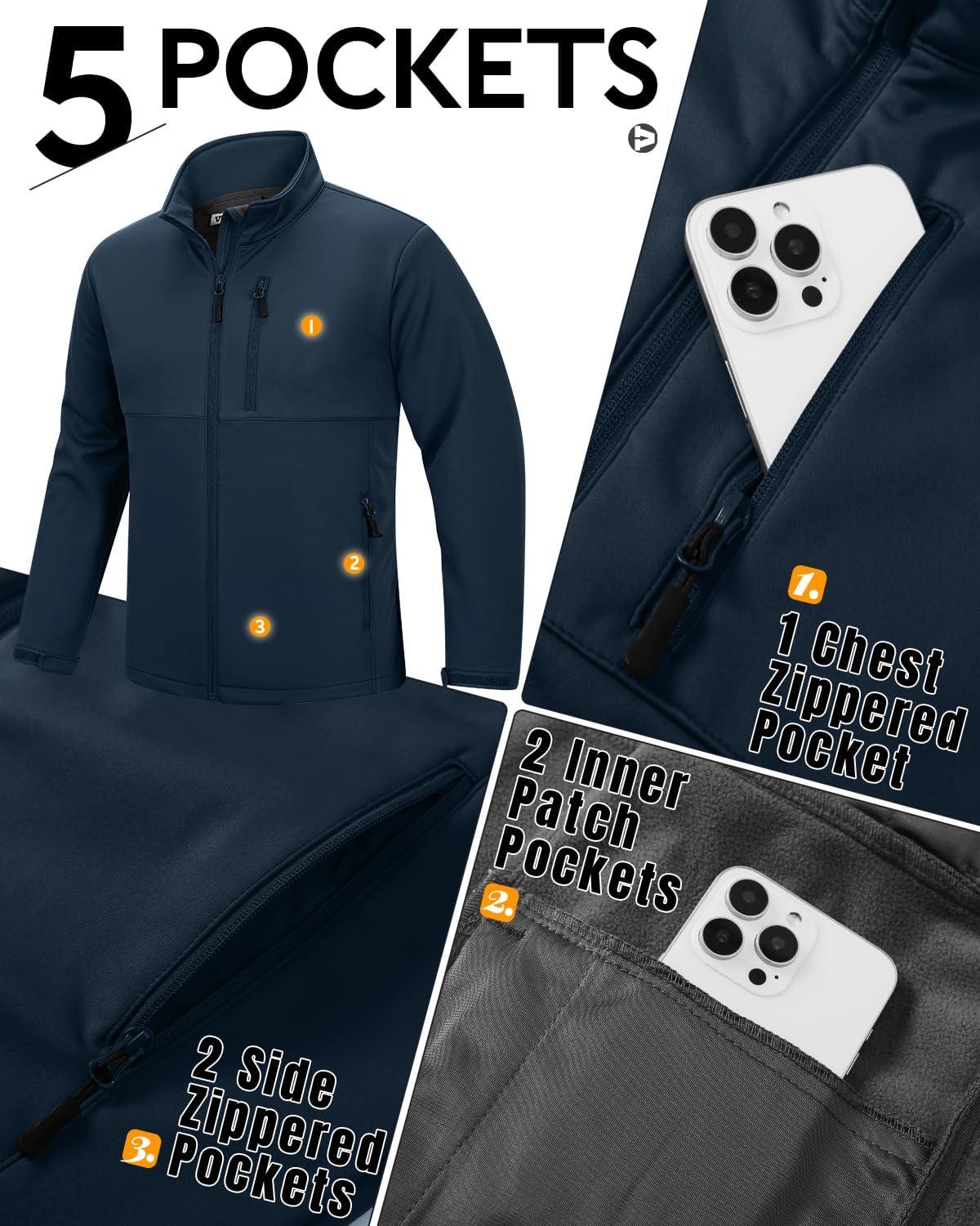 Outdoor Ventures Men’s Softshell Jacket Waterproof Fleece Lined Rain Shell Jacket Lightweight Windbreaker for Hiking Travel(Blue)