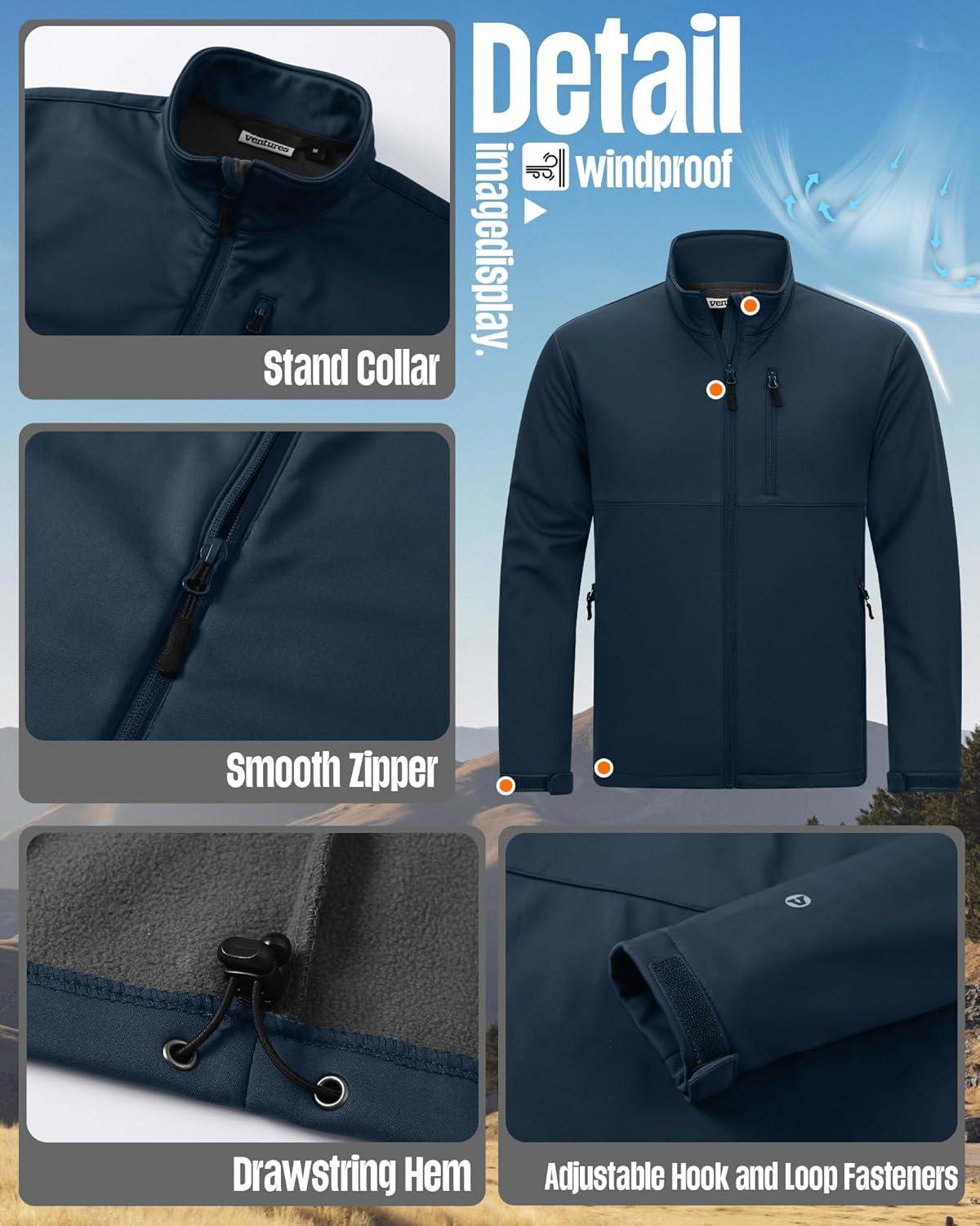Outdoor Ventures Men’s Softshell Jacket Waterproof Fleece Lined Rain Shell Jacket Lightweight Windbreaker for Hiking Travel(Blue)