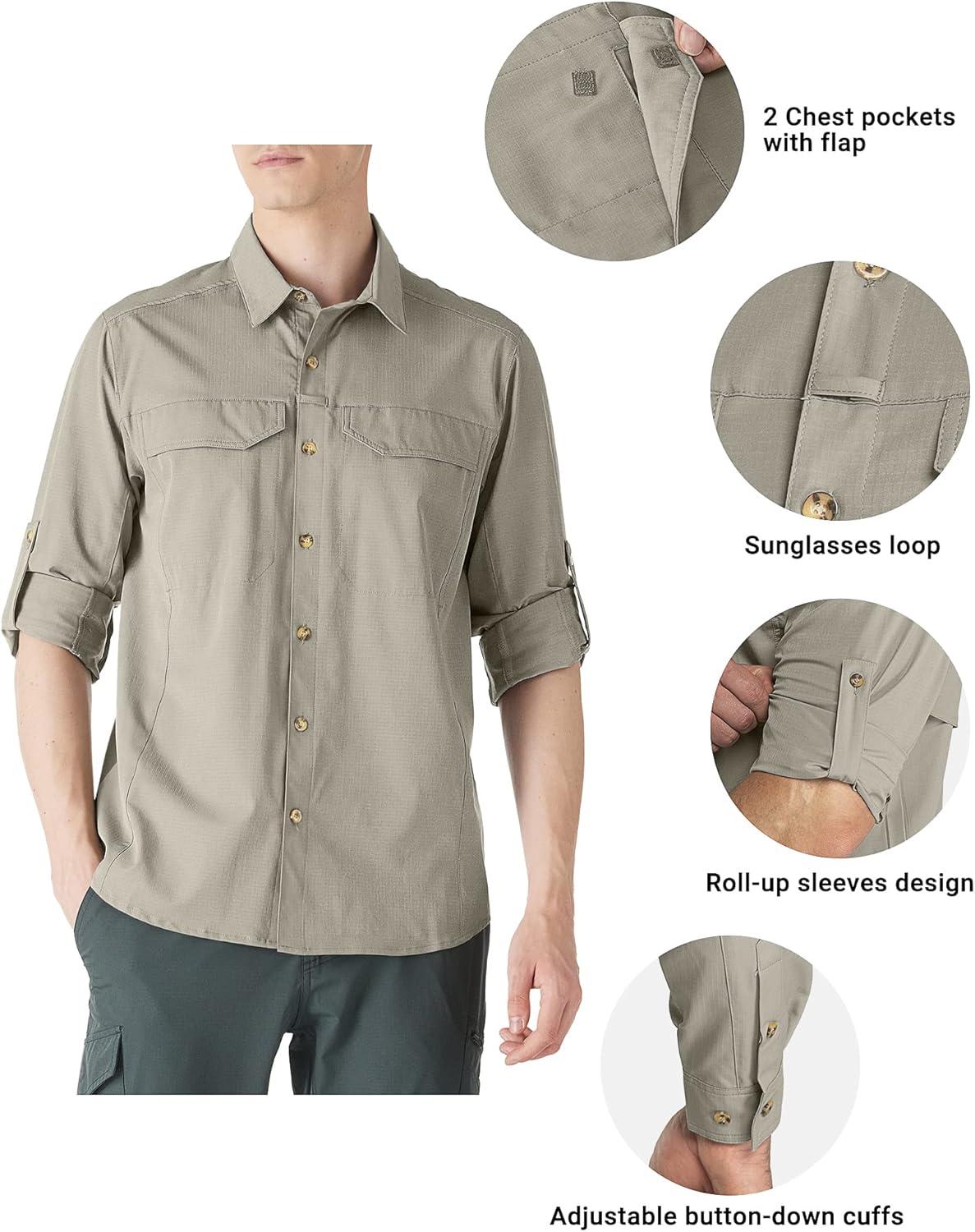 Outdoor Ventures Men’s UPF 50+ UV Sun Protection SPF Hiking Shirt Long Sleeve Lightweight Quick Dry for Safari Travel Fishing(Mid Grey)