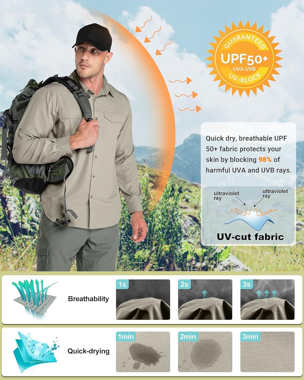 Outdoor Ventures Men’s UPF 50+ UV Sun Protection SPF Hiking Shirt Long Sleeve Lightweight Quick Dry for Safari Travel Fishing(Mid Grey)